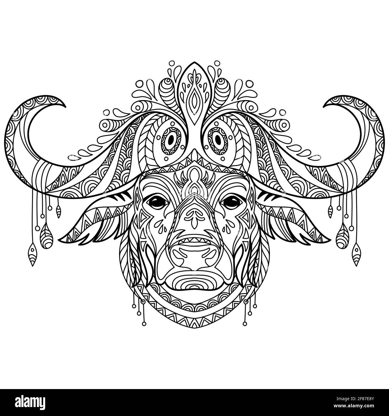 Tête de buffle. Illustration de contour vectoriel abstrait isolée sur fond blanc. Pour la page de livre de coloriage anti stress adulte avec Doodle et zentangle Illustration de Vecteur