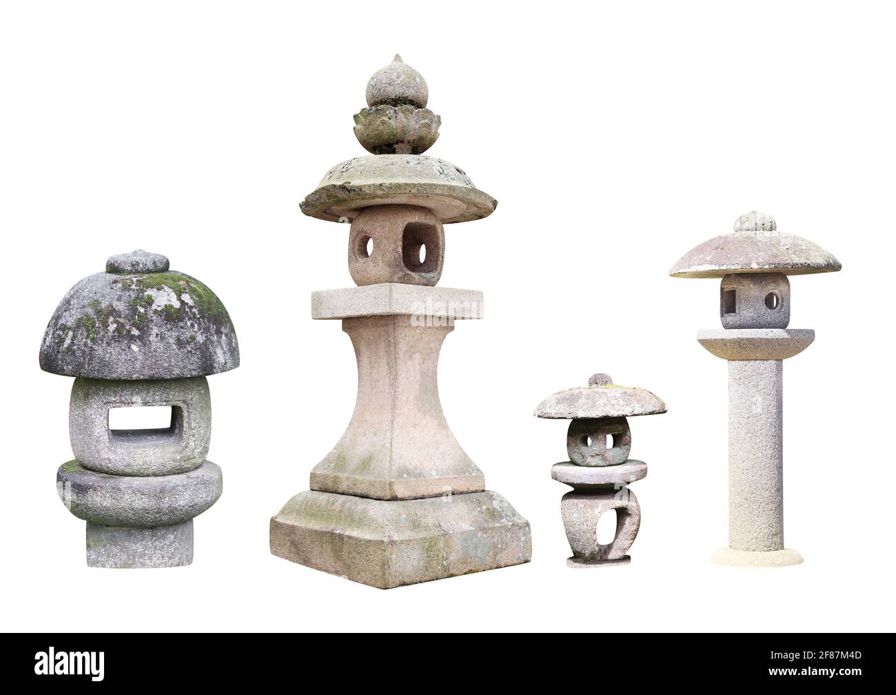 Ensemble de lanternes traditionnelles japonaises en pierre. Collection de lanternes orientales en pierre ancienne. Isolé sur fond blanc Banque D'Images