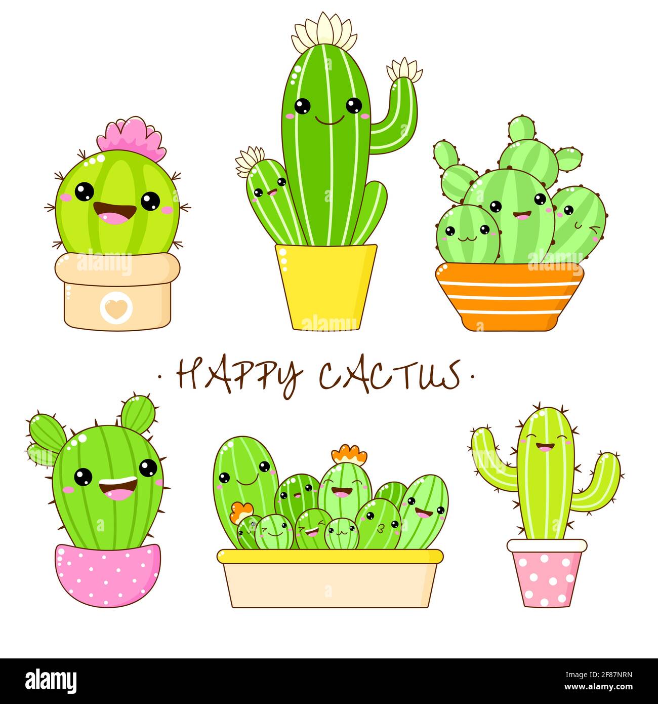 Ensemble d'autocollants style kawaii. Collection de cactus de dessin animé mignon en pot de fleurs. Illustration vectorielle EPS8 Illustration de Vecteur