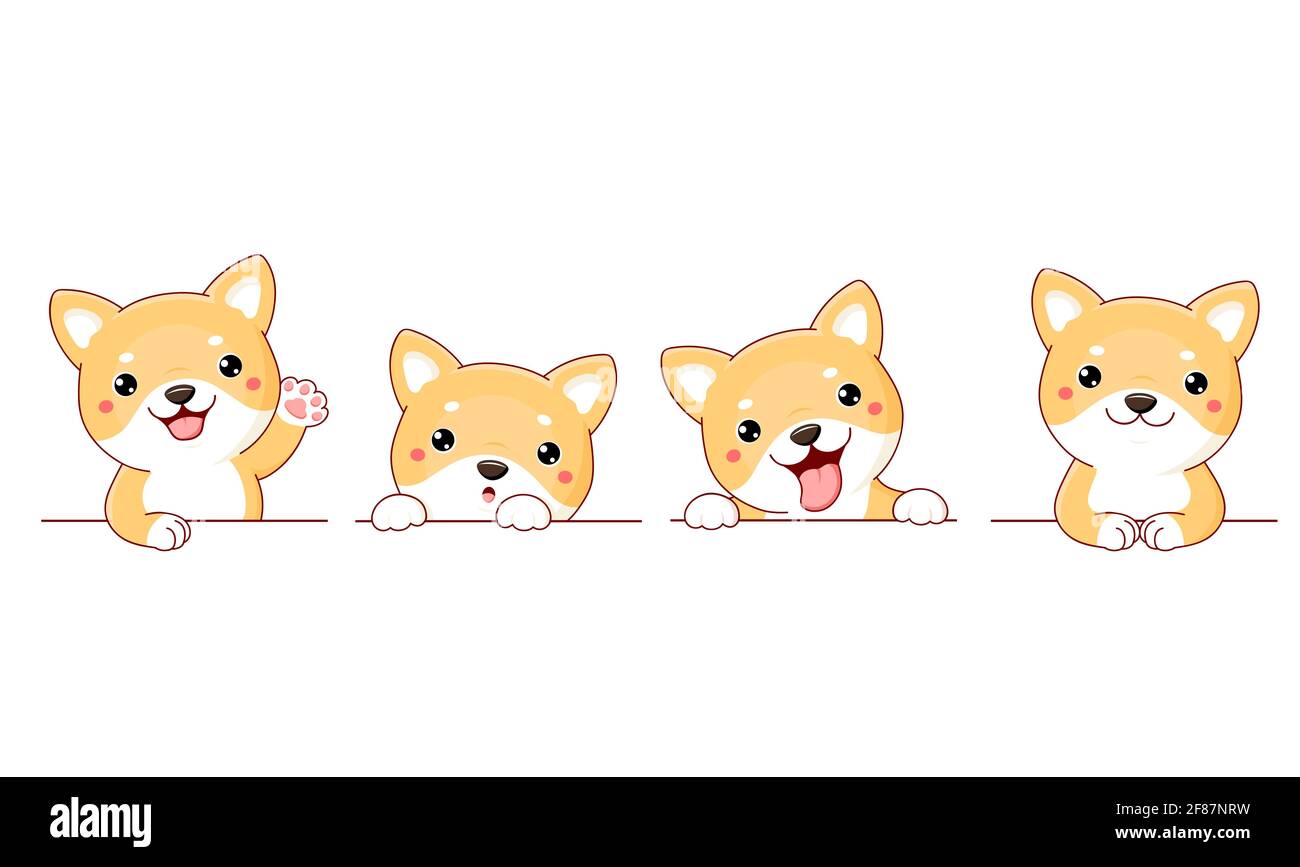 Ensemble de chiens shiba inu japonais mignons. Ensemble de frontières avec kawaii shiba inu chiot. Collection de chiens avec différentes émotions - drôle, heureux, surpris, s Illustration de Vecteur