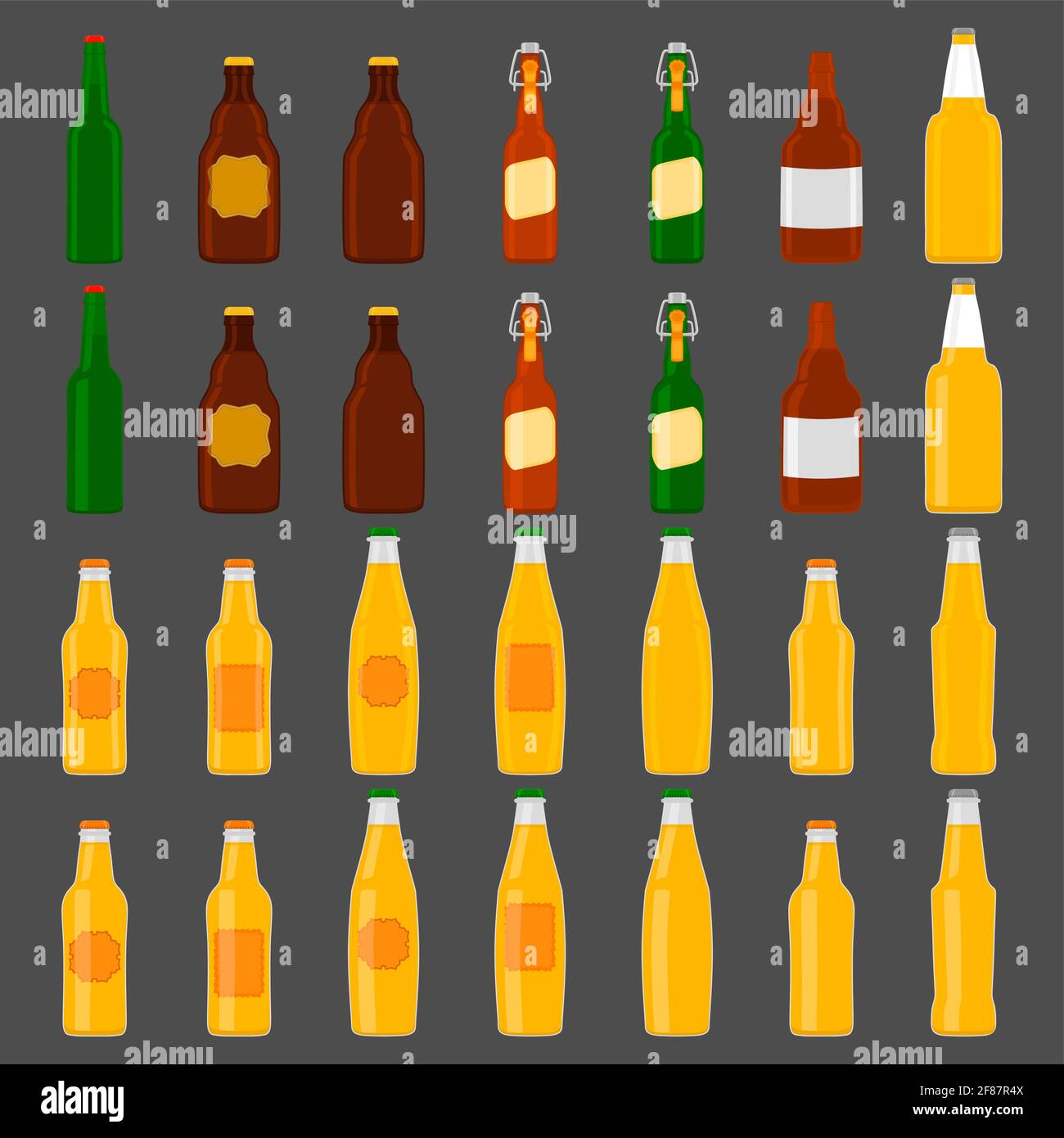 Illustration sur le thème grand kit bouteilles de bière en verre avec couvercle pour la brasserie. Bière à motifs composée de nombreuses bouteilles de verre identiques sur fond sombre. GLA Illustration de Vecteur