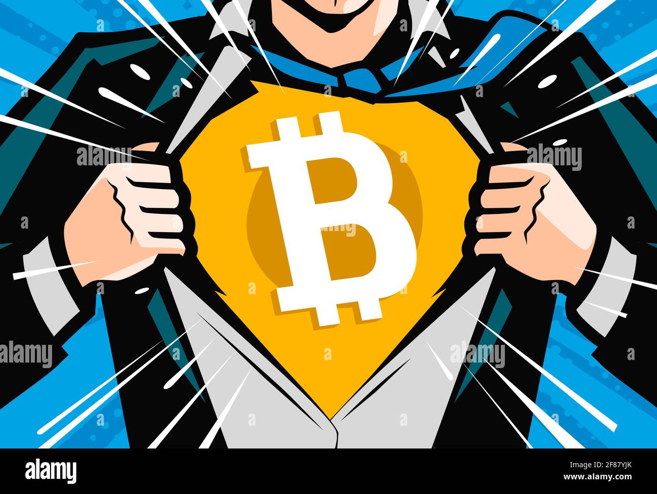 Symbole de devise Crypto, symbole Bitcoin. Super-héros ou homme d'affaires déchirant chemise dans le style pop art bande dessinée Illustration de Vecteur