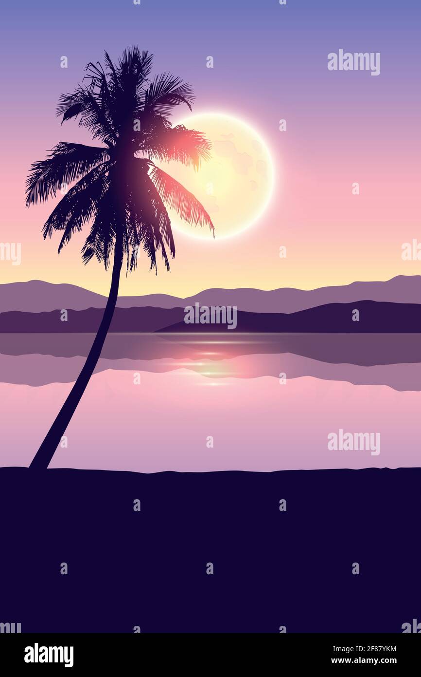 paysage tropical à la nuit bannière de vacances avec palmiers et pleine lune Illustration de Vecteur