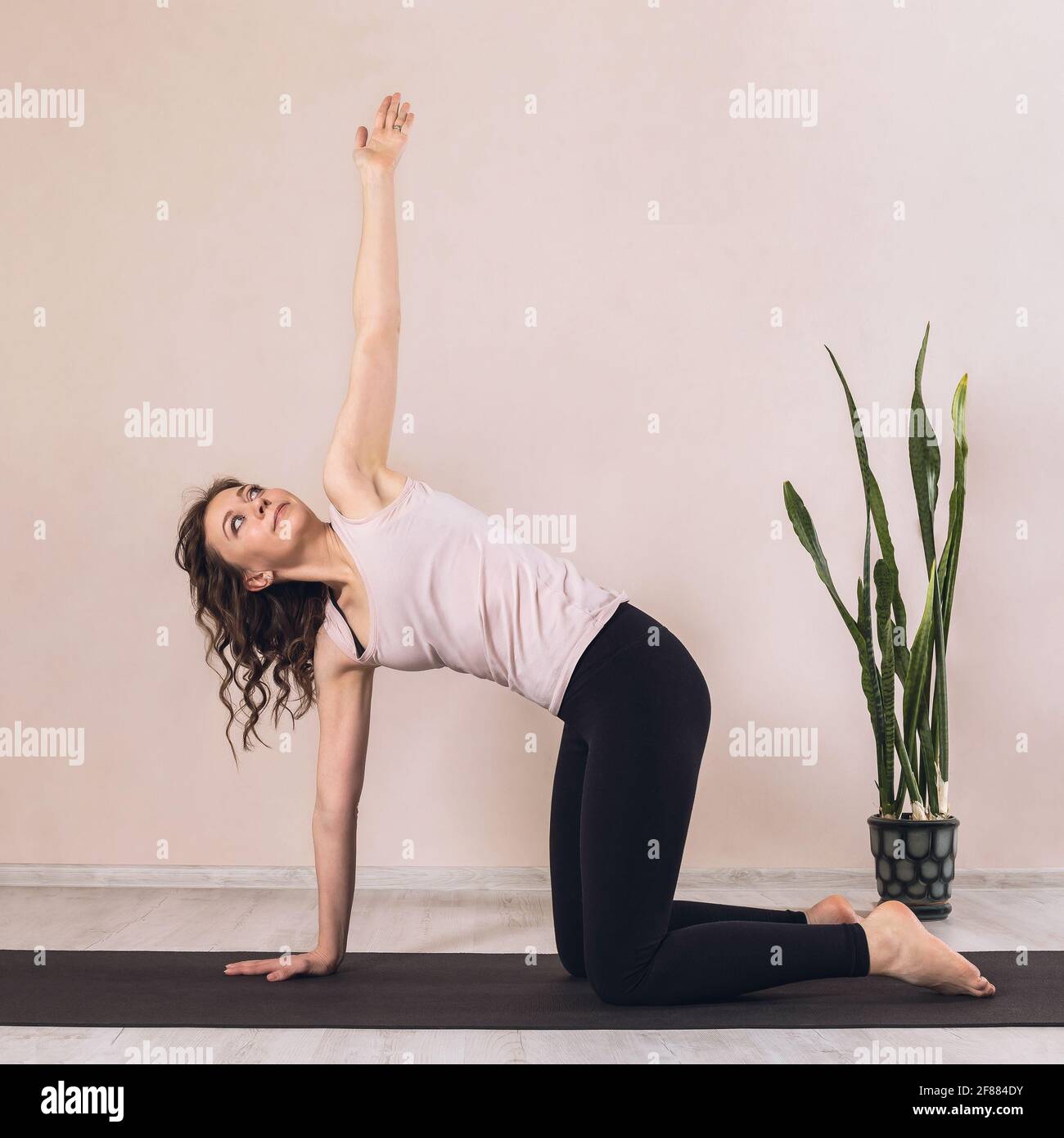 Femme pratiquant le yoga, faisant de l'exercice de goasana, de la poitrine de table de torsion, dans le studio sur un tapis près du mur. Banque D'Images
