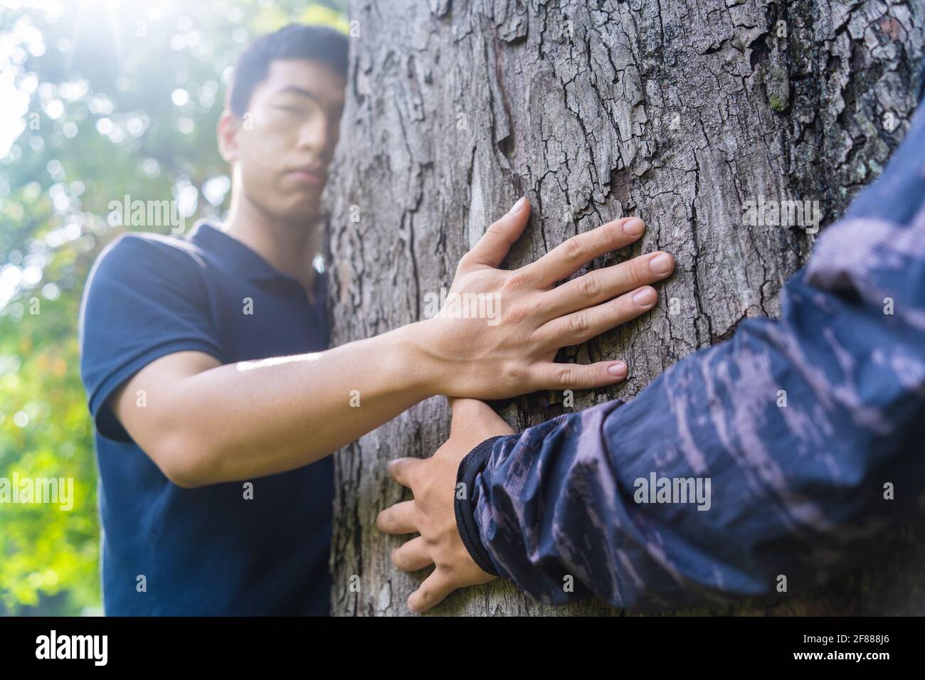 deux hommes asiatiques amis embrassant un grand arbre avec une expression blissful et ses yeux fermés dans un concept de conservation de la nature. Main tenant. Sélectif Banque D'Images