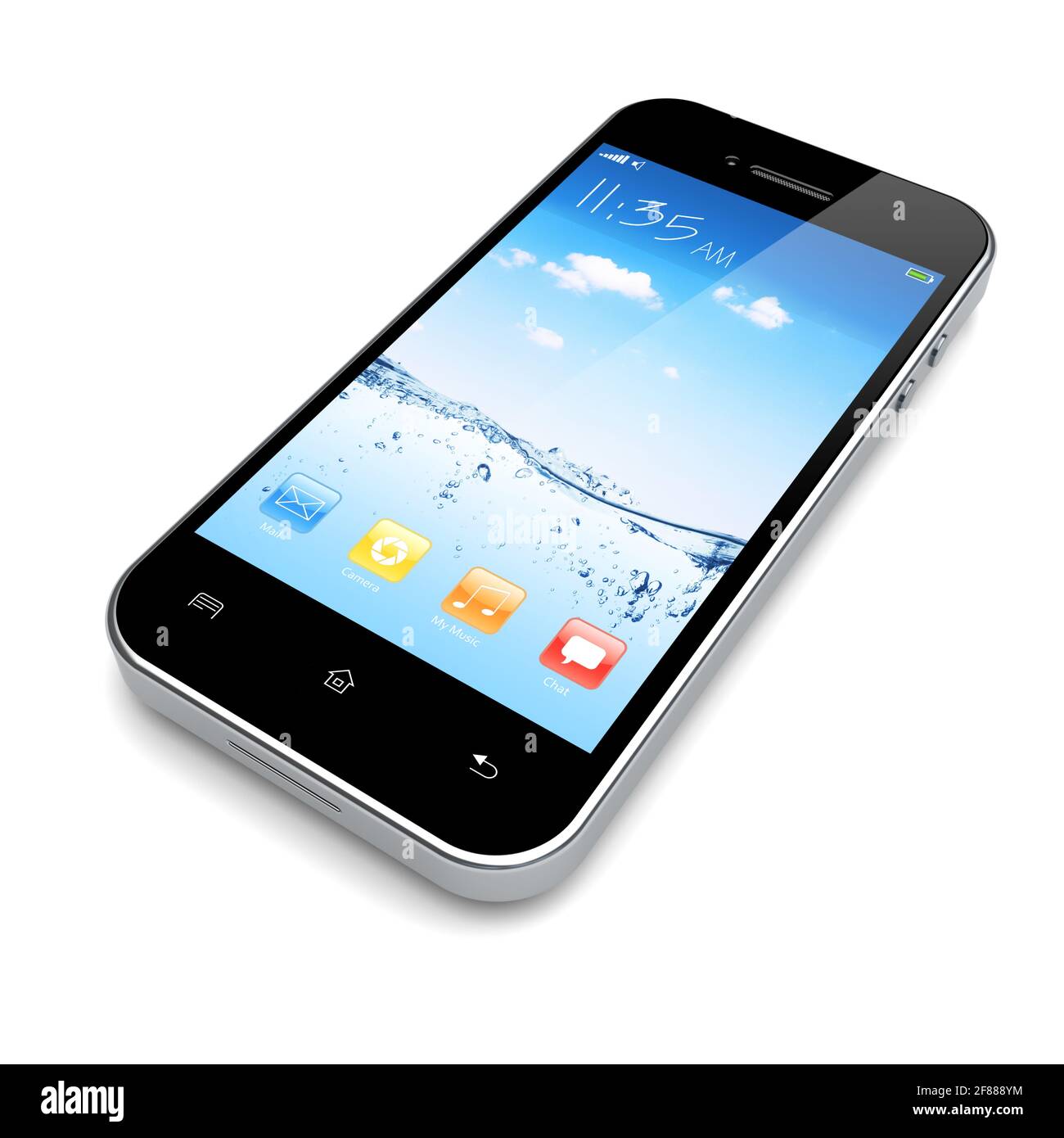 Smartphone mobile avec fond d'écran bleu et ciel et applications colorées sur un écran. Banque D'Images