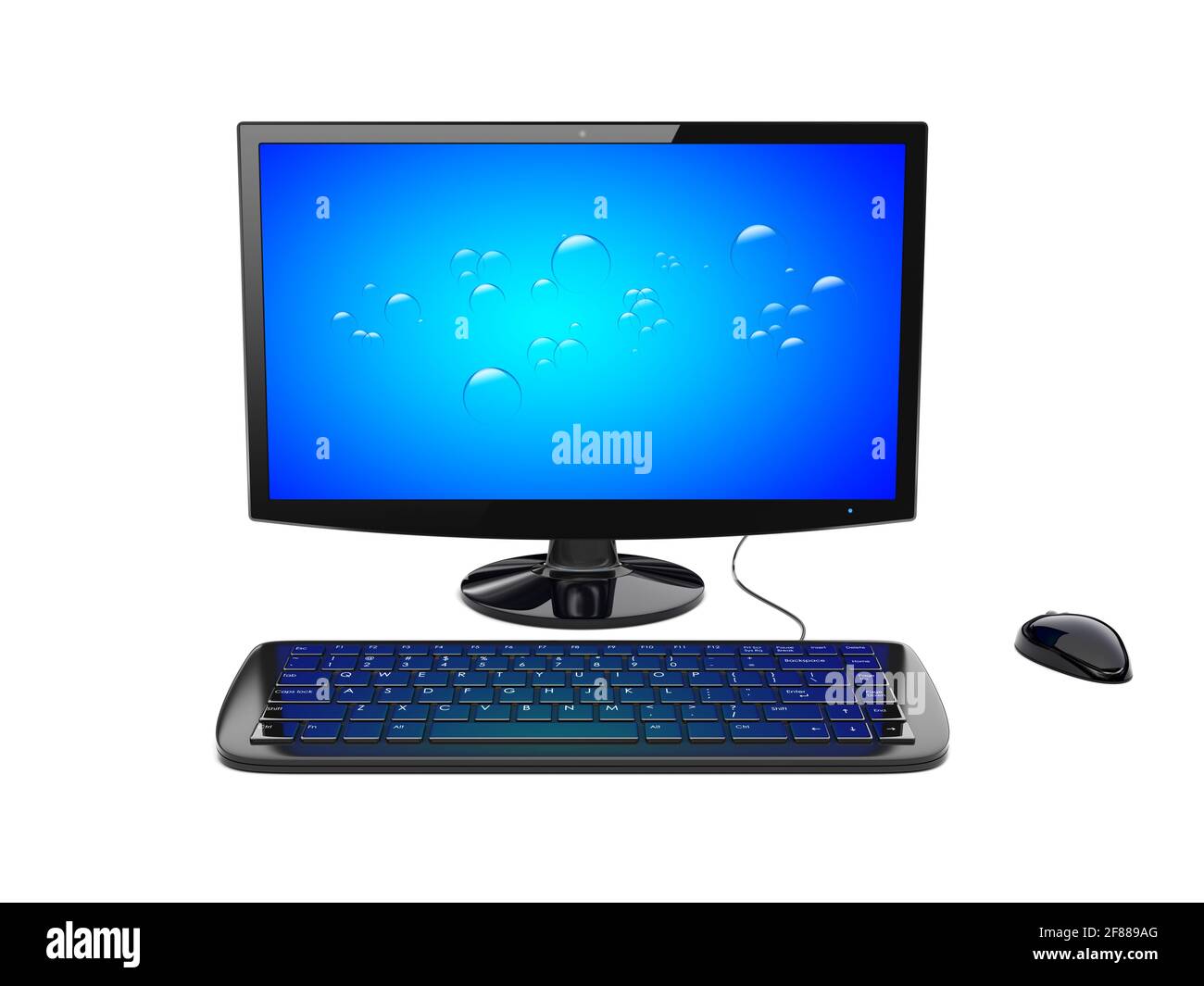 Ordinateur de bureau noir avec écran large, clavier et souris et écran bleu. image de rendu 3d Banque D'Images