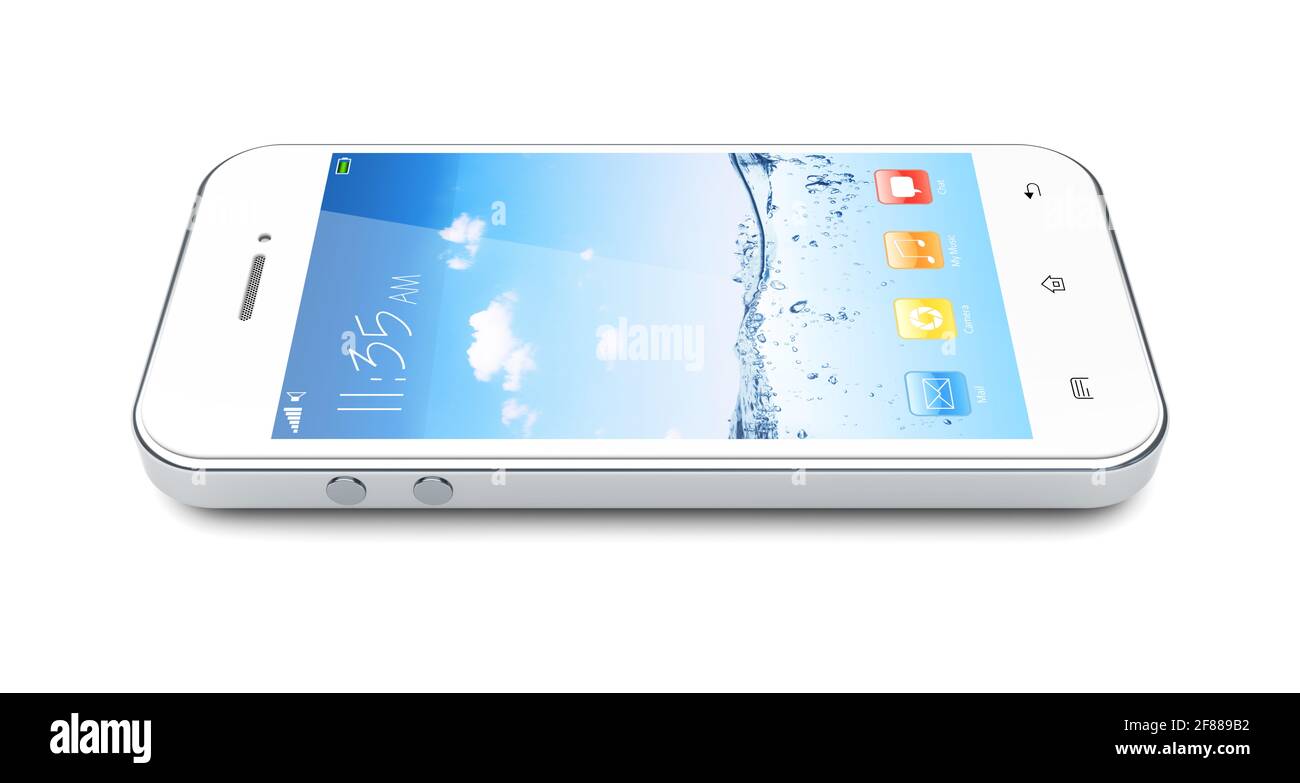 Smartphone mobile blanc avec fond d'écran bleu et ciel et applications colorées sur un écran. Banque D'Images