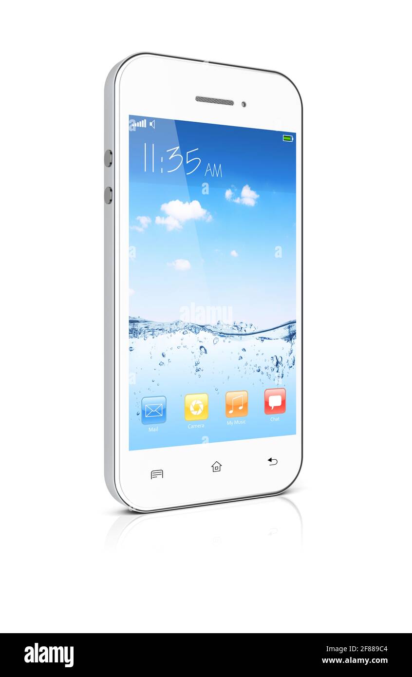 Smartphone mobile blanc avec fond d'écran bleu et ciel et applications colorées sur un écran. Banque D'Images