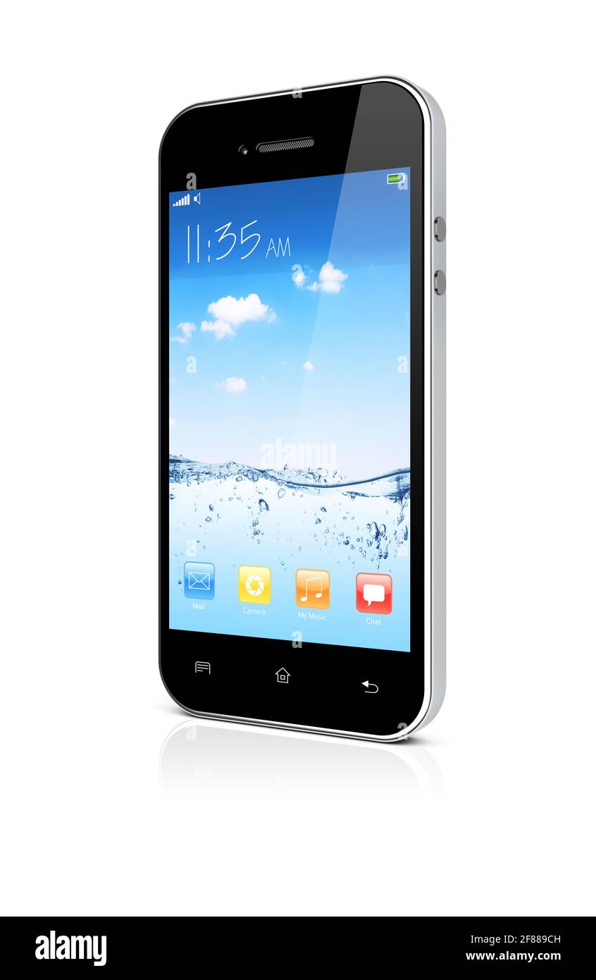 Smartphone mobile avec fond d'écran bleu et ciel et applications colorées sur un écran. Banque D'Images