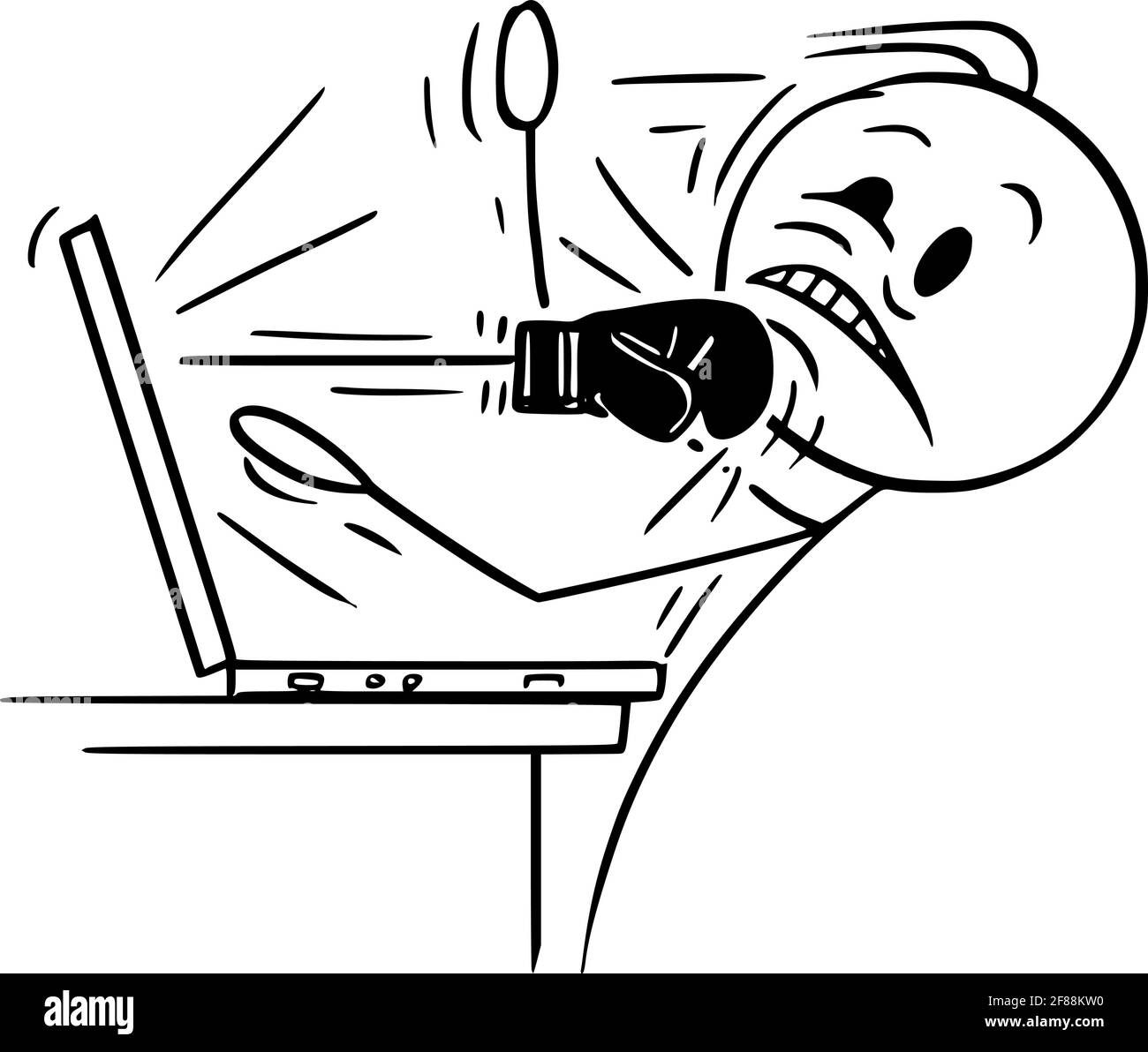 L'homme, l'homme d'affaires ou le travailleur de bureau sont frappés par Dist de l'ordinateur, Vector Cartoon Stick Figure Illustration Illustration de Vecteur