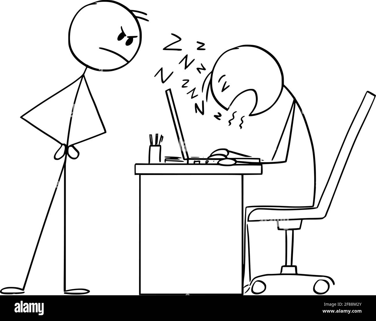 Patron regardant l'employé dormir au travail, Illustration de la figure du bâton de dessin vectoriel Illustration de Vecteur