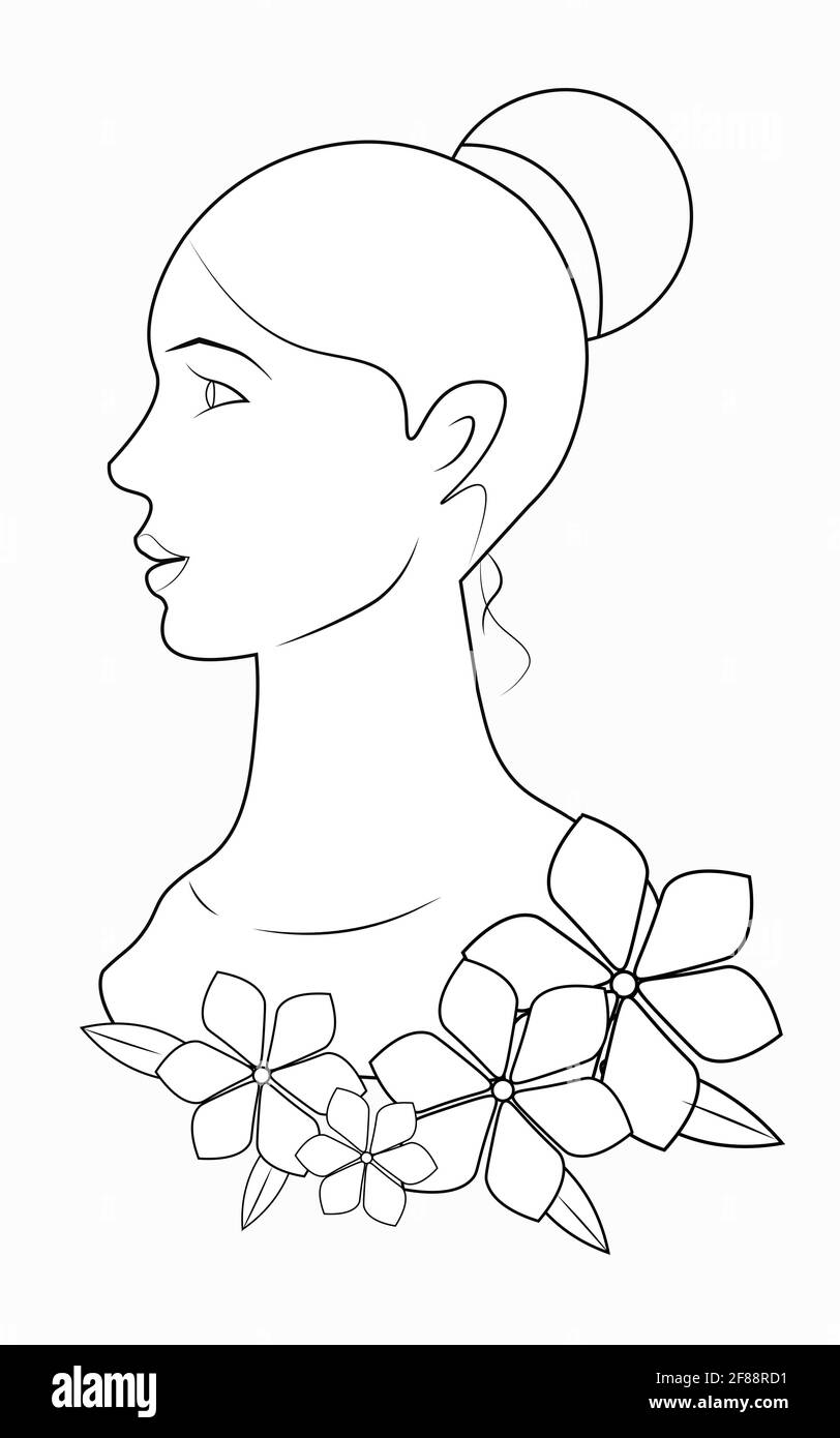Portrait de femme à lignes vectorielles avec fleurs Illustration de Vecteur