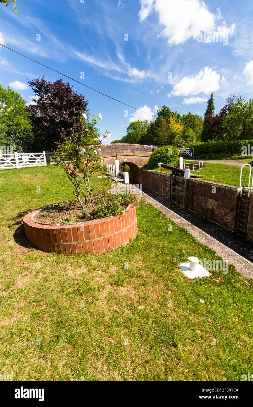 Écluse pittoresque du canal au Royaume-Uni le jour d'été ensoleillé avec jardinière en briques. Taunton et Bridgewater Canal, Maunsel Lock, Royaume-Uni, grand angle, portrait. Banque D'Images