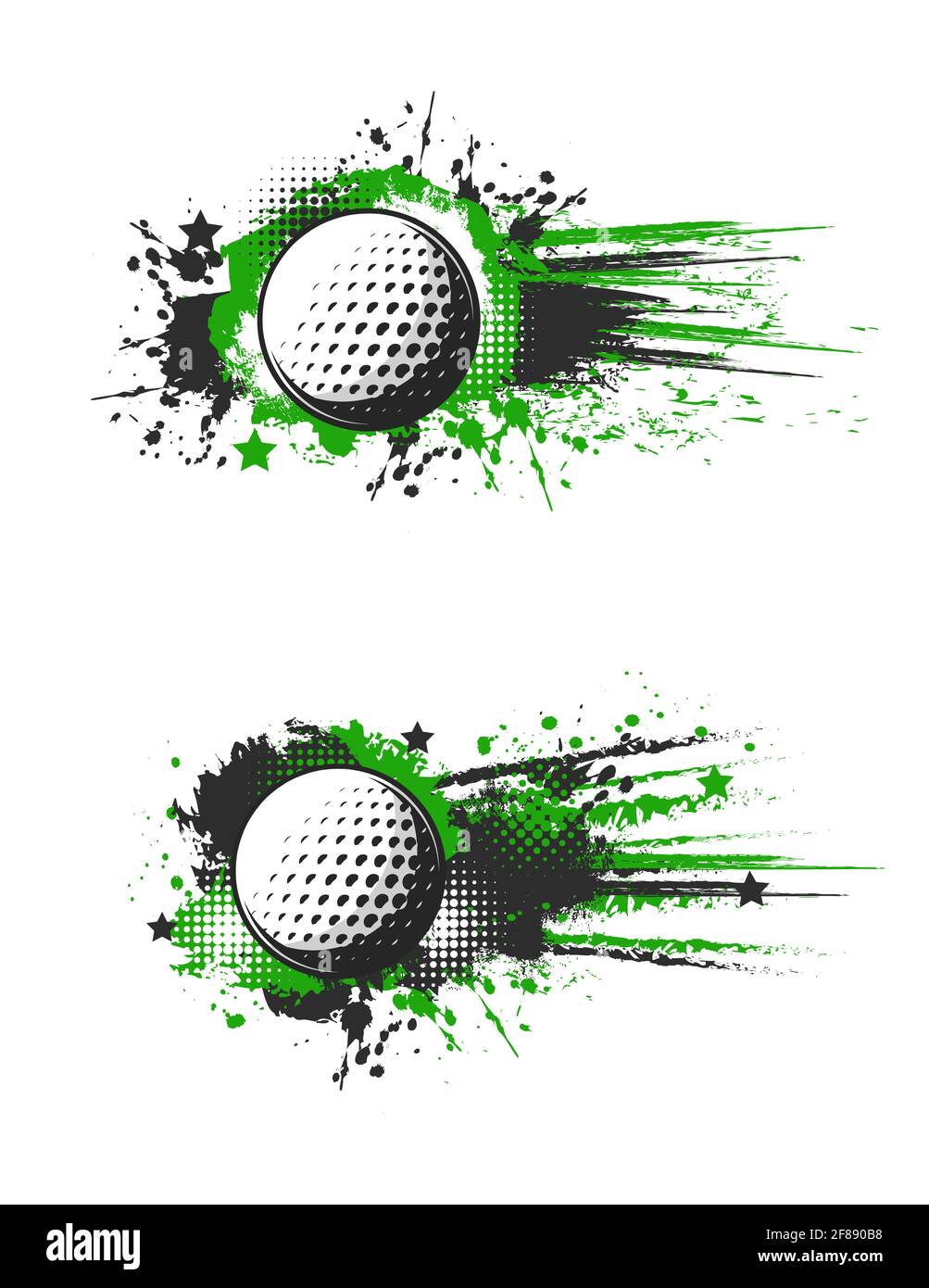 Bannière de golf, splash de balle de golf, championnat et tournoi de sport, fond vectoriel. Enseigne de la ligue de sport de golf ou du jeu d'équipe avec du vert et du noir h. Illustration de Vecteur
