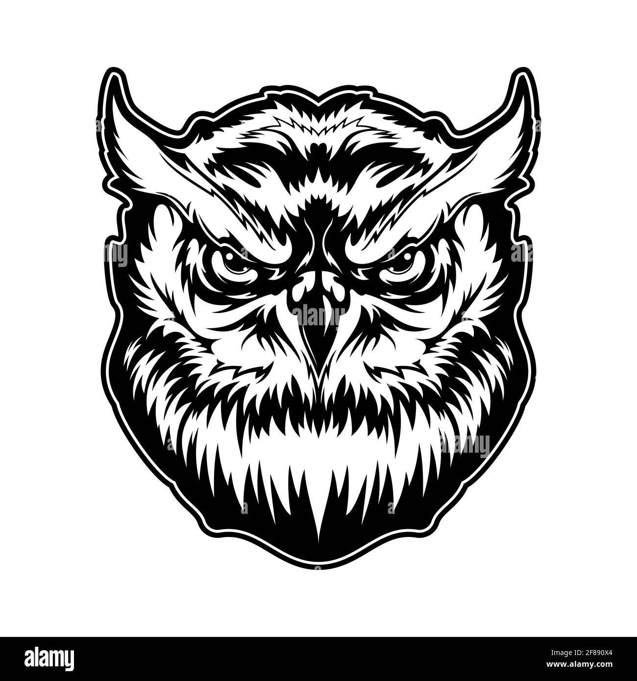 Tête d'animal hibou avec motif tatouage vecteur visage en colère, mascotte ou t-shirt. Grand hibou à cornes, oiseau de proie avec des plumes noires et blanches, visage di Illustration de Vecteur