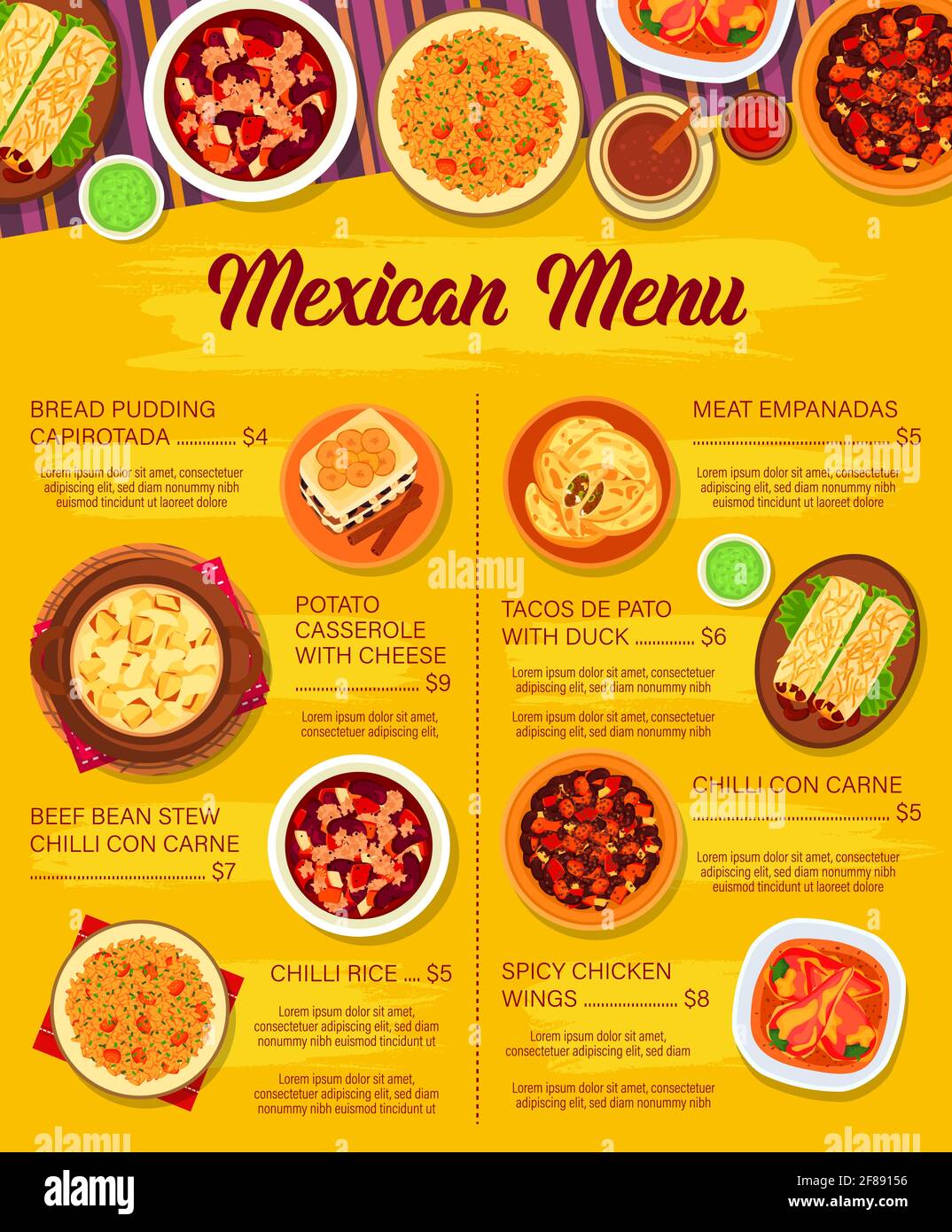 Modèle de menu vectoriel de cuisine mexicaine. Cocotte de pommes de terre au fromage, empanada à la viande et ailes de poulet épicées. Chili con carne, tacos de pato avec canard, Illustration de Vecteur