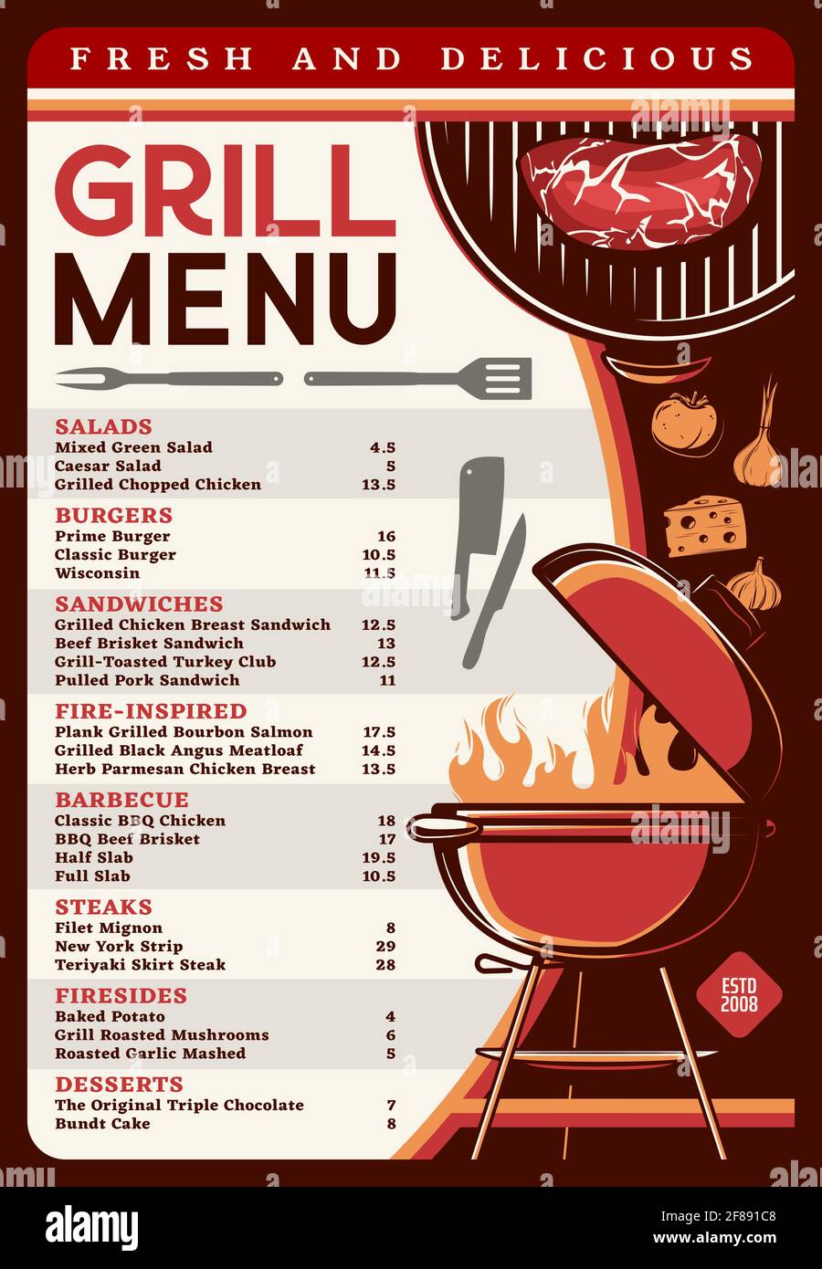 Menu gril avec modèle vectoriel de nourriture pour barbecue. Viande de  barbecue, poulet ou steak de boeuf, barbecue au charbon de bois, couteaux  de chef, fourchette de barbecue et flammes de feu,