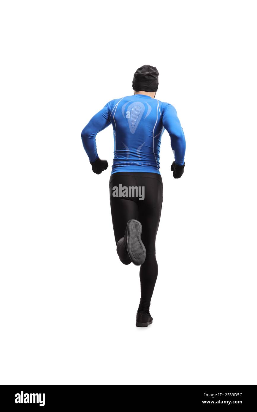 Photo arrière d'un homme dans les sports d'hiver tenue de running isolée sur fond blanc Banque D'Images