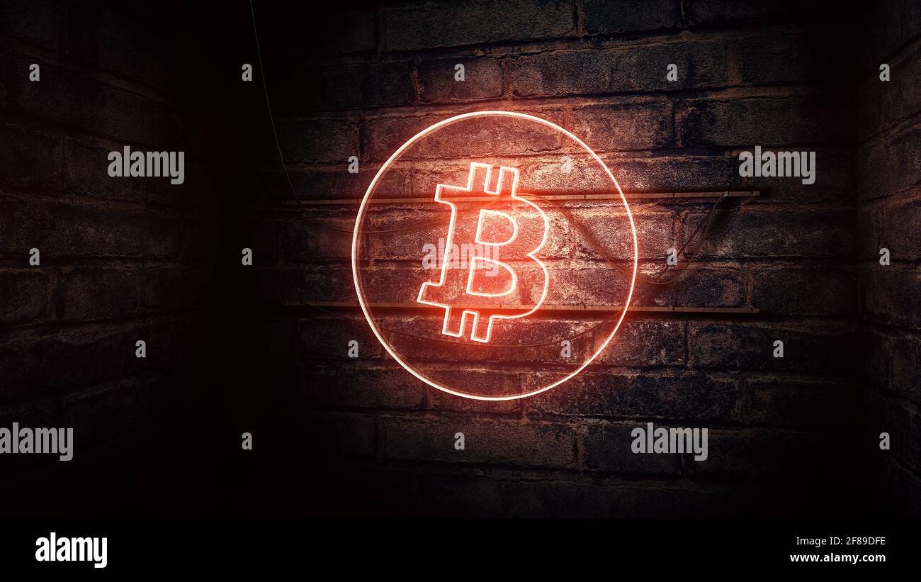 Panneau au néon de crypto-monnaie Bitcoin monté sur le mur de briques, illustration conceptuelle Banque D'Images