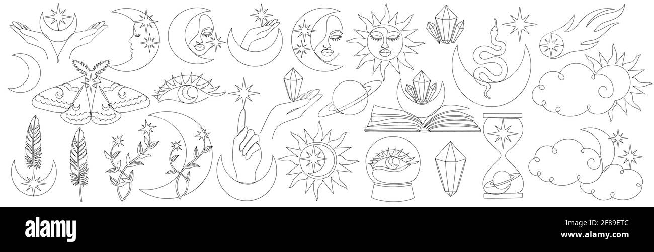 Magnifique ensemble de détails mystiques dans le style d'art de ligne. Illustration de Vecteur