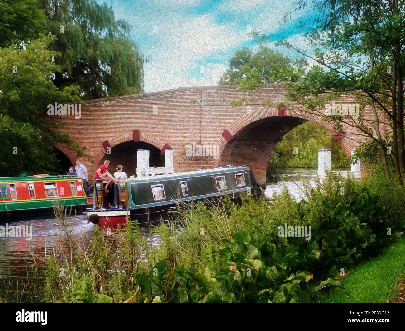 Vacances d'été sur la Tamise à Sonning Bridge, Berkshire, Royaume-Uni. Effet de peinture ajouté Banque D'Images
