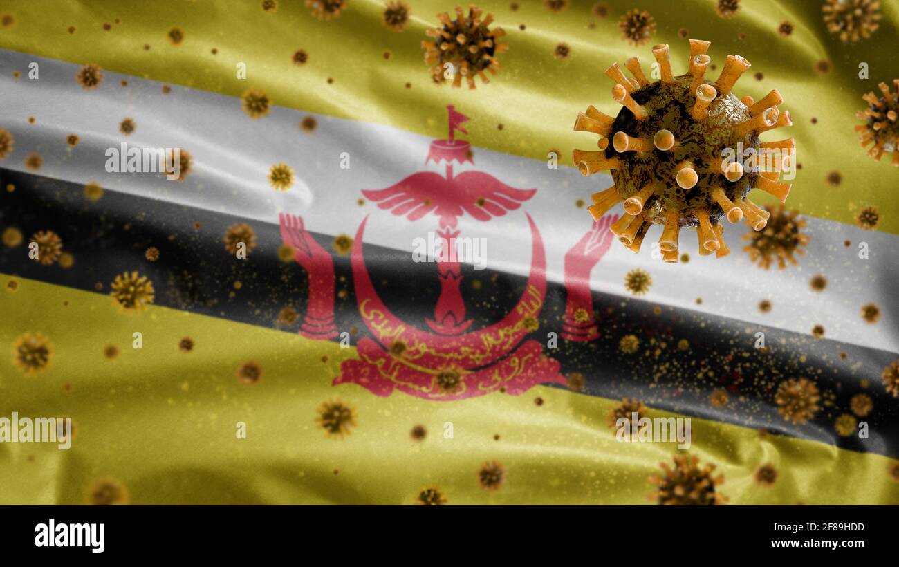 3D, drapeau brunéien agitant avec une épidémie de coronavirus infectant le système respiratoire comme une grippe dangereuse. Virus Covid 19 de type grippal avec Brunei national b Banque D'Images