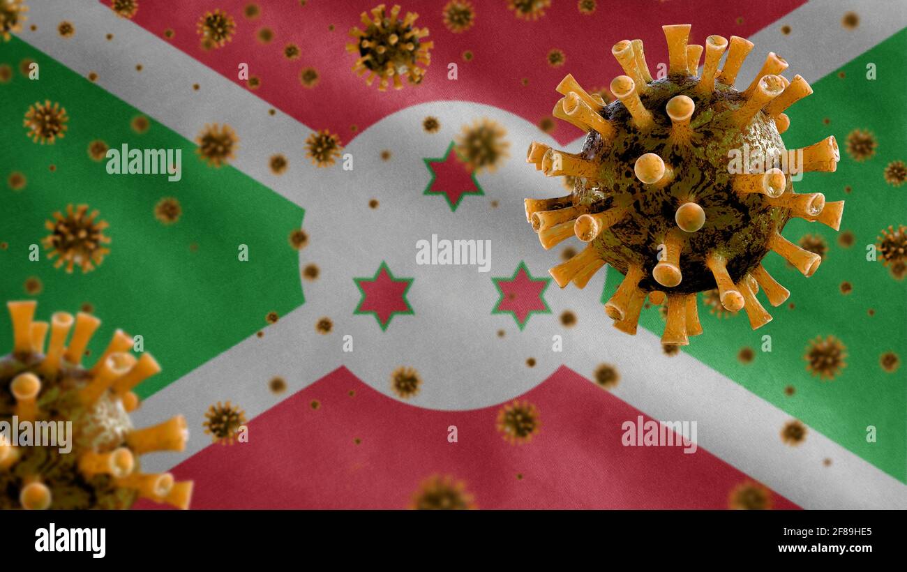 3D, drapeau burundais agitant avec une épidémie de coronavirus infectant le système respiratoire comme une grippe dangereuse. Type de grippe virus Covid 19 avec national Burundi Banque D'Images