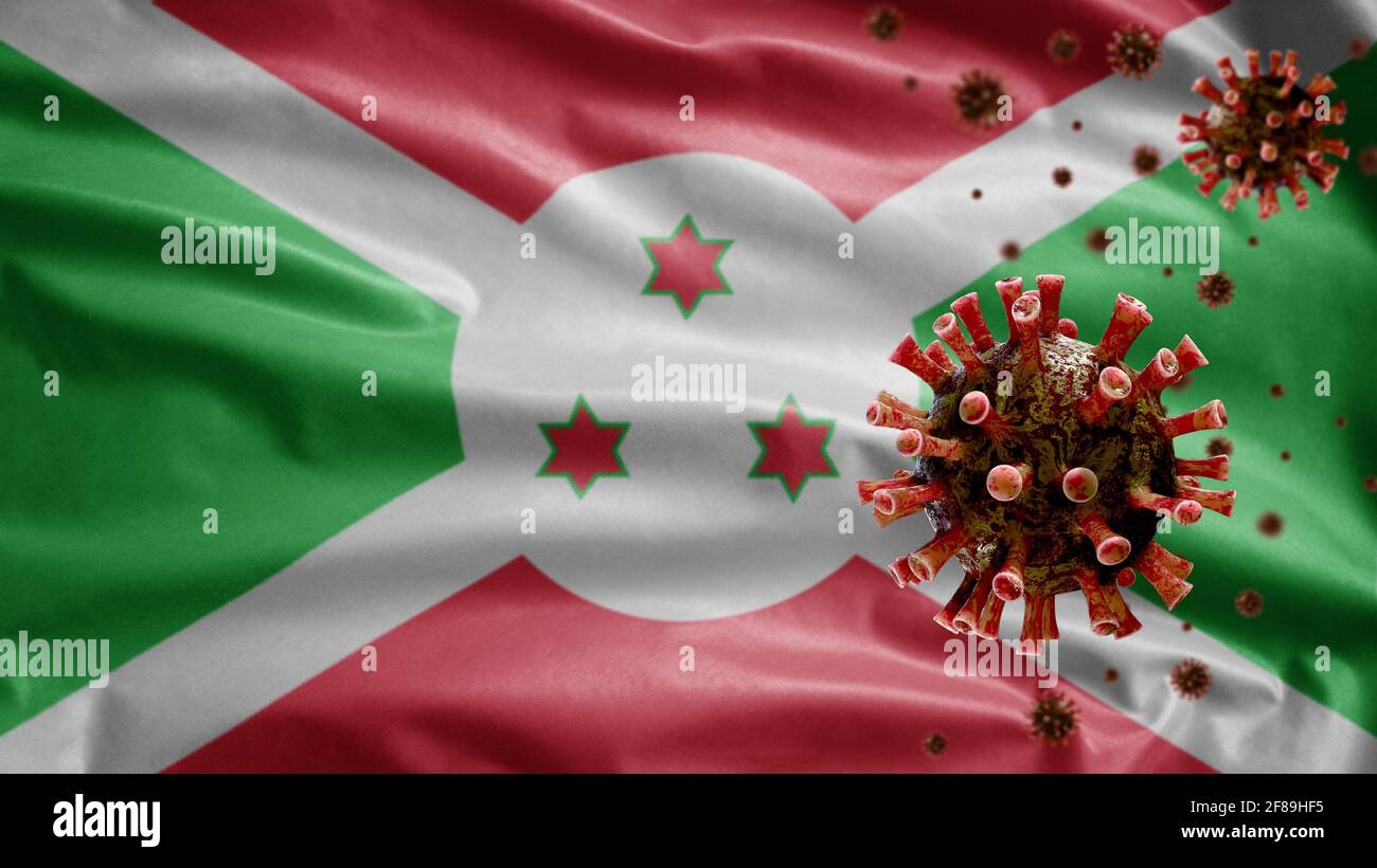 3D, drapeau burundais agitant avec une épidémie de coronavirus infectant le système respiratoire comme une grippe dangereuse. Type de grippe virus Covid 19 avec national Burundi Banque D'Images