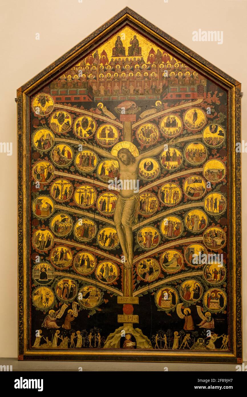 Florence, Italie. Tableau de l'arbre de vie par Pacino di Buonaguida à la Galleria dell'Accademia. (À usage éditorial uniquement) Banque D'Images