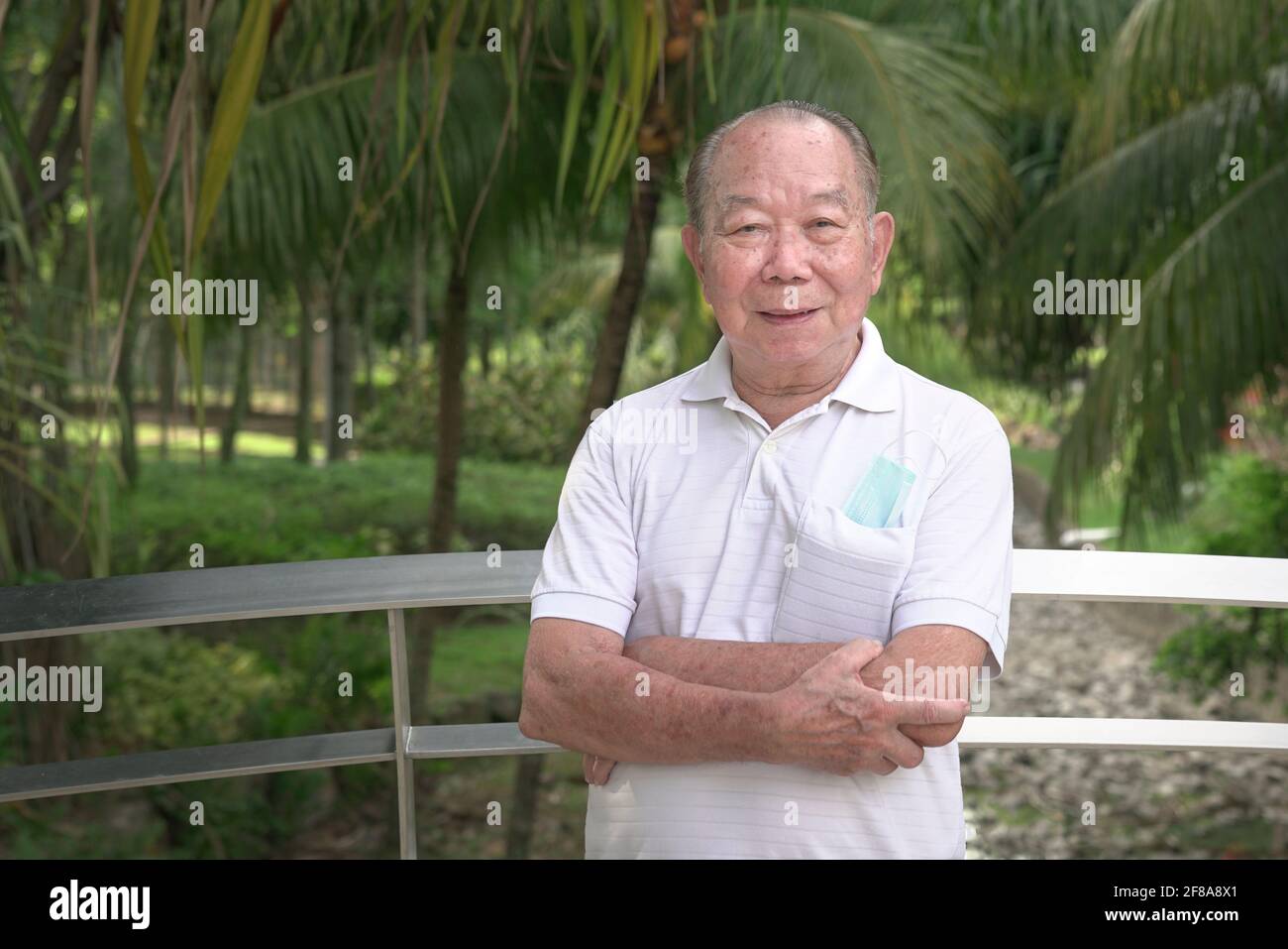 Portrait d'un homme asiatique âgé, mains croisées. Dans le parc. Banque D'Images
