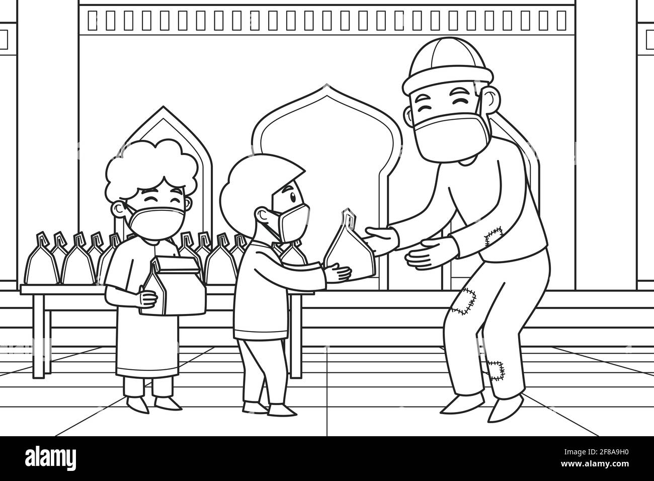 Jour de Shadaqah distribution par les enfants aux pauvres dans la cour d'une mosquée. Illustration vectorielle. Livre de coloriage. Illustration de Vecteur