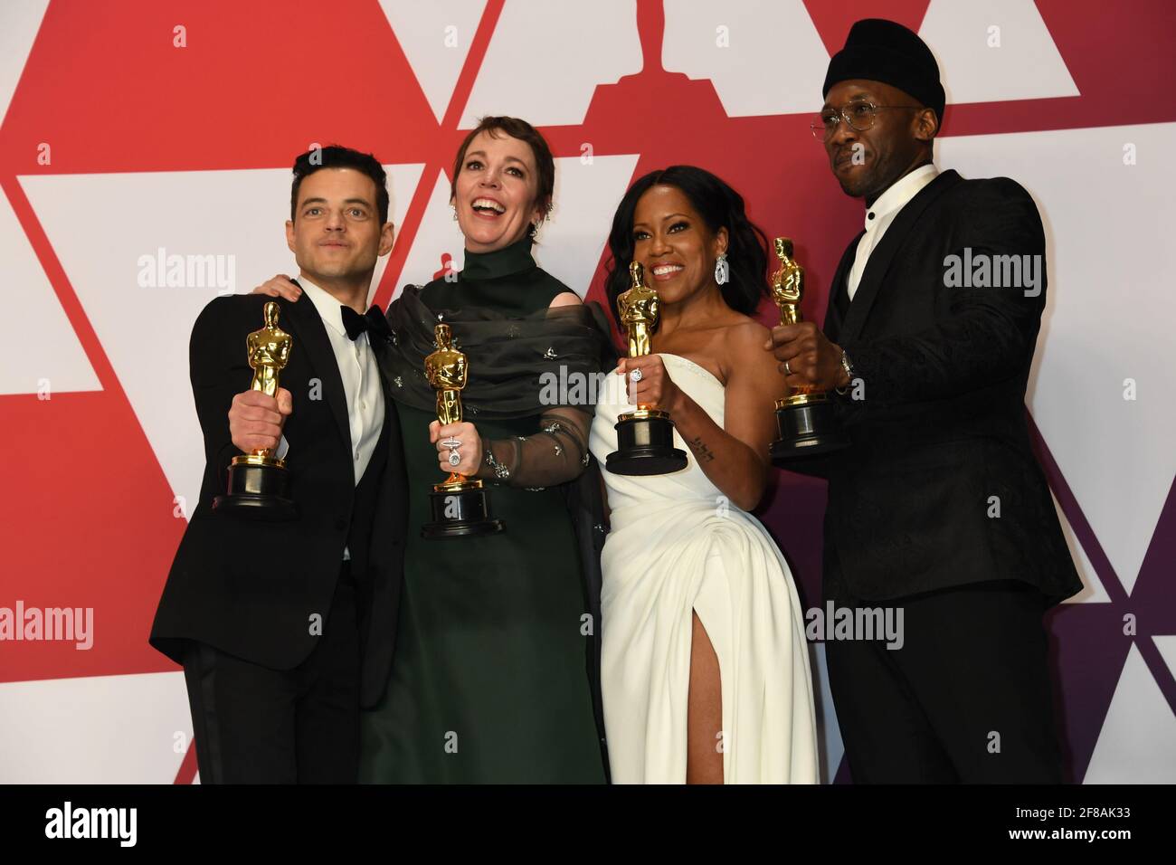 Oscar Winners Rami Malek, Olivia Coleman, Mahershala Ali, Regina King dans  la salle de presse pendant la 91e cérémonie annuelle des Oscars, tenue au  Dolby Theatre à Hollywood, Californie, le dimanche 24