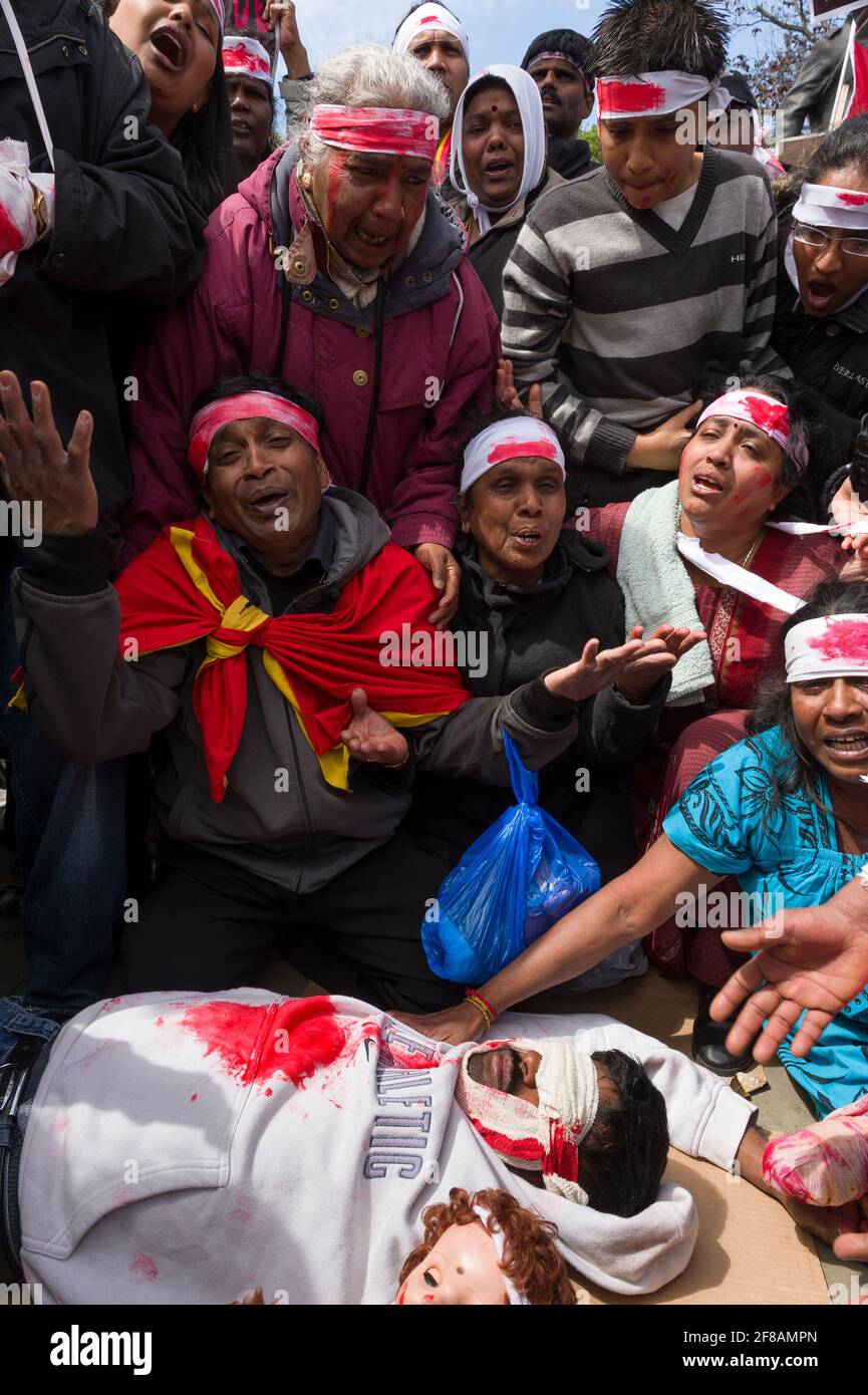 Tamouls protestant contre la guerre civile en cours entre le gouvernement sri-lankais et les Tigres tamouls. Un certain nombre de manifestants portaient des bandages et prétendaient être blessés pour représenter les victimes civiles de la guerre. Le gouvernement sri-lankais a annoncé la défaite des Tigres tamouls le 16 mai 2009, après 26 années de conflit. Parliament Square, Londres, Royaume-Uni. 18 mai 2009 Banque D'Images