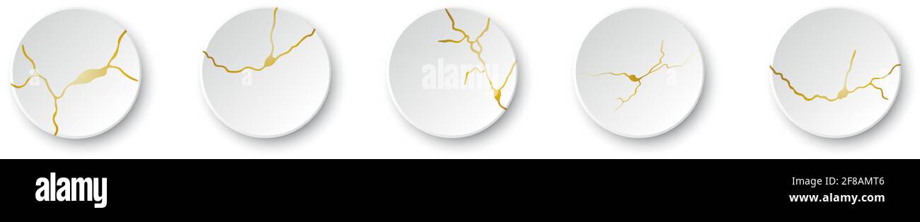 Ensemble de fissures Kintsugi or. Effet cassé et craquelé, craquelure et texture endommagée. Les illustrations vectorielles peuvent être utilisées pour les décorations kintsugi, les murs Illustration de Vecteur