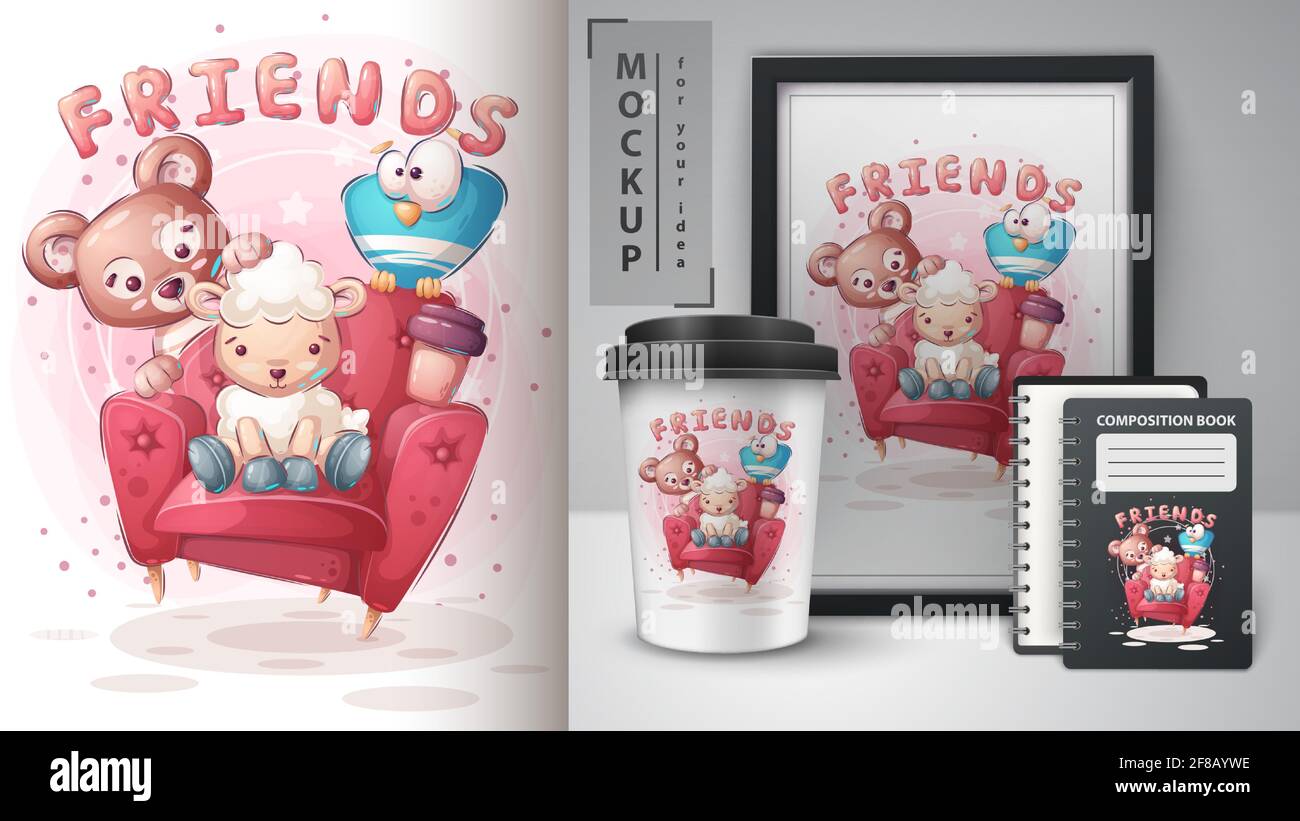 Affiche et merchandising pour les amis sur le canapé Illustration de Vecteur