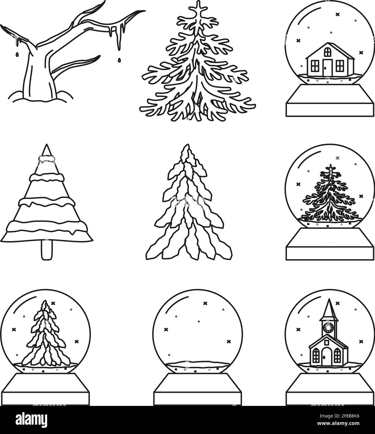 Jeu de boules de verre et d'arbres de Noël noir et blanc. Accessoires pour les fêtes d'hiver. Illustration vectorielle du thème de Noël pour poster, labe Illustration de Vecteur Jeu de boules de verre et d'arbres de Noël noir et blanc. Accessoires pour les fêtes d'hiver. Illustration vectorielle du thème de Noël pour poster, labe Illustration de Vecteur