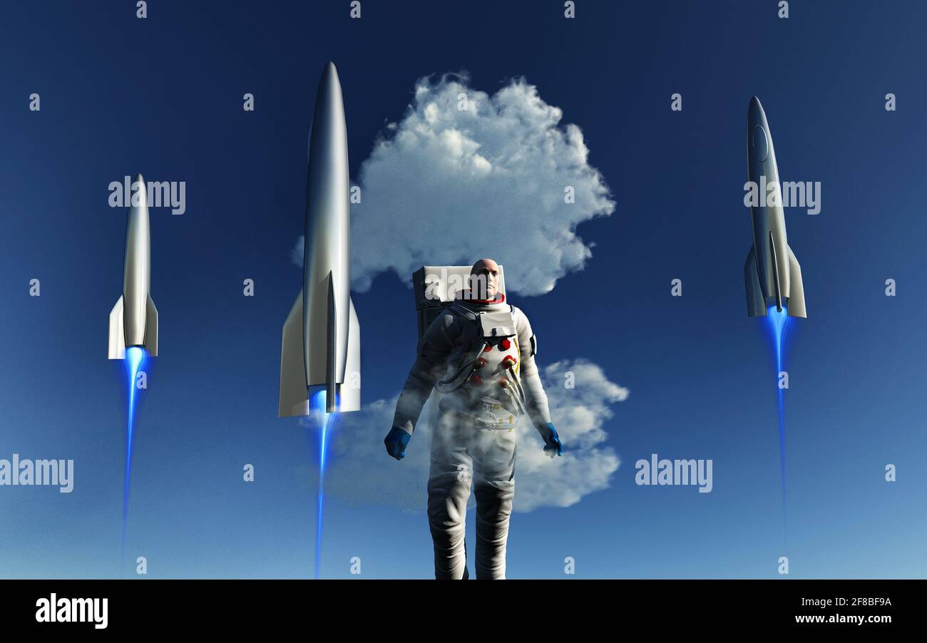 Astronaute et roquettes Banque D'Images