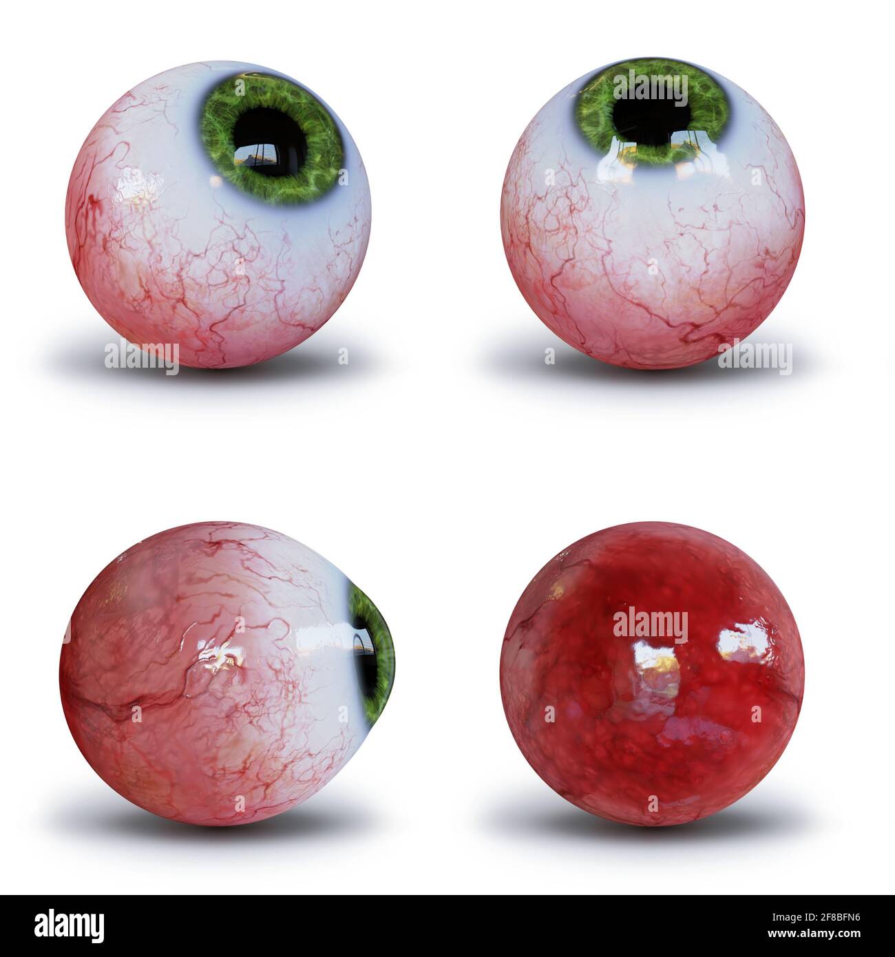 jeu de globes oculaires humains avec iris vert isolé avec ombre sur sol blanc Banque D'Images