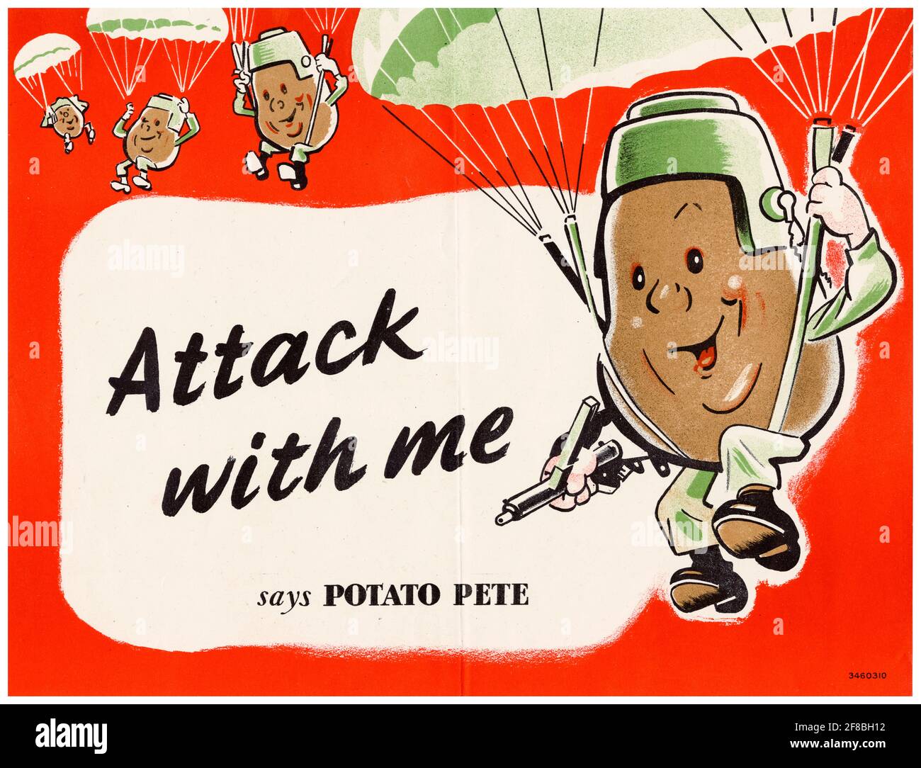 British, WW2 Food production poster, Attack with Me Says Potato Pete, 1942-1945 Banque D'Images