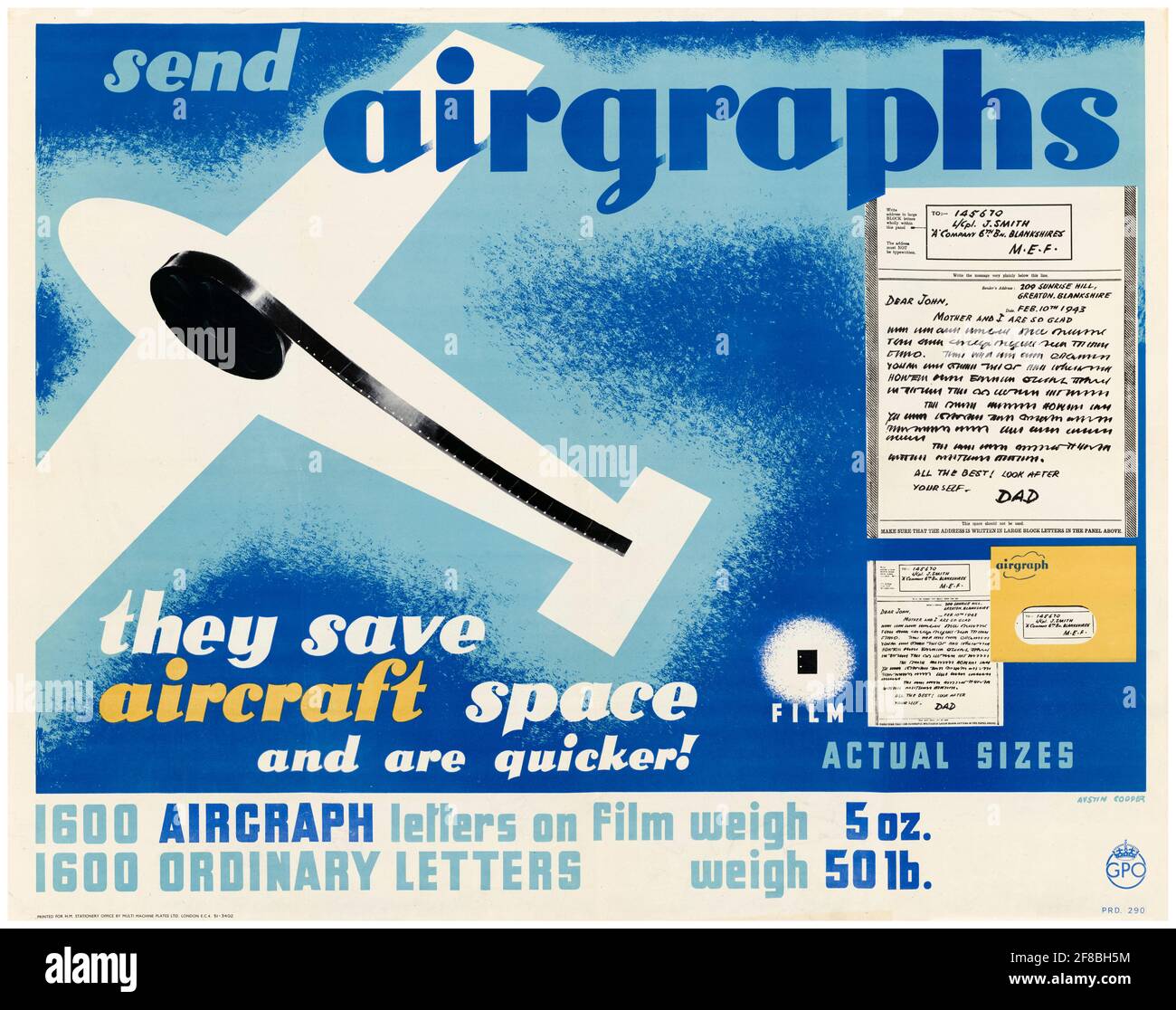 British, WW2 affiche d'information publique, Envoyer des aérographes: Ils font économiser l'espace de l'avion et sont plus rapides!, 1942-1945 Banque D'Images