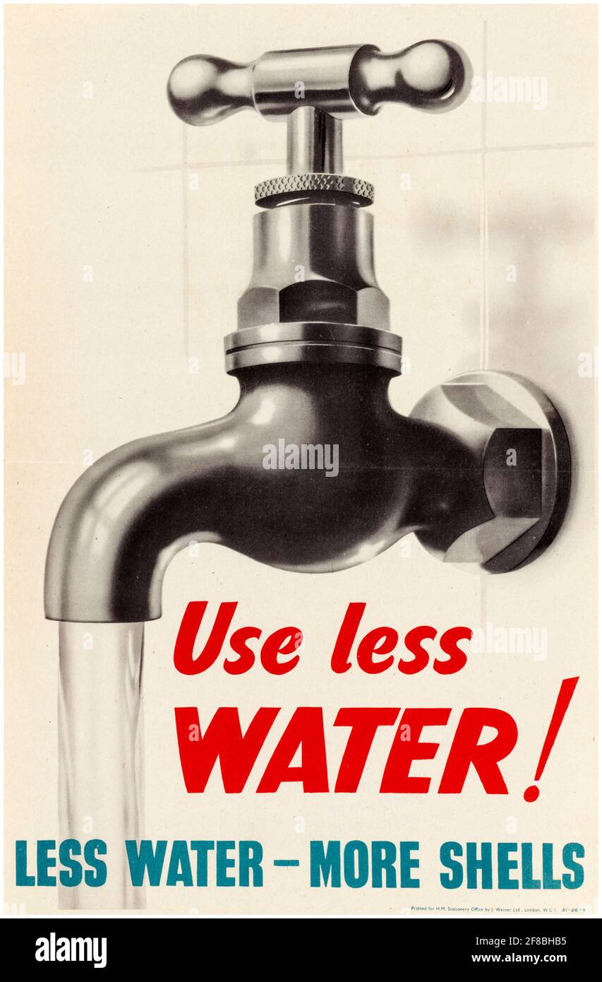 British, affiche de la deuxième Guerre mondiale sur les économies d'énergie, utilisez moins d'eau : moins d'eau - plus de coquillages, 1942-1945 Banque D'Images