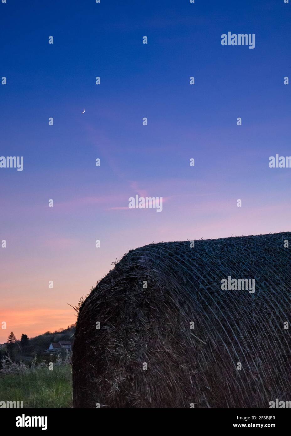 Lever la lune au coucher du soleil avec les rouges à l'horizon derrière la balle ronde de paille Banque D'Images