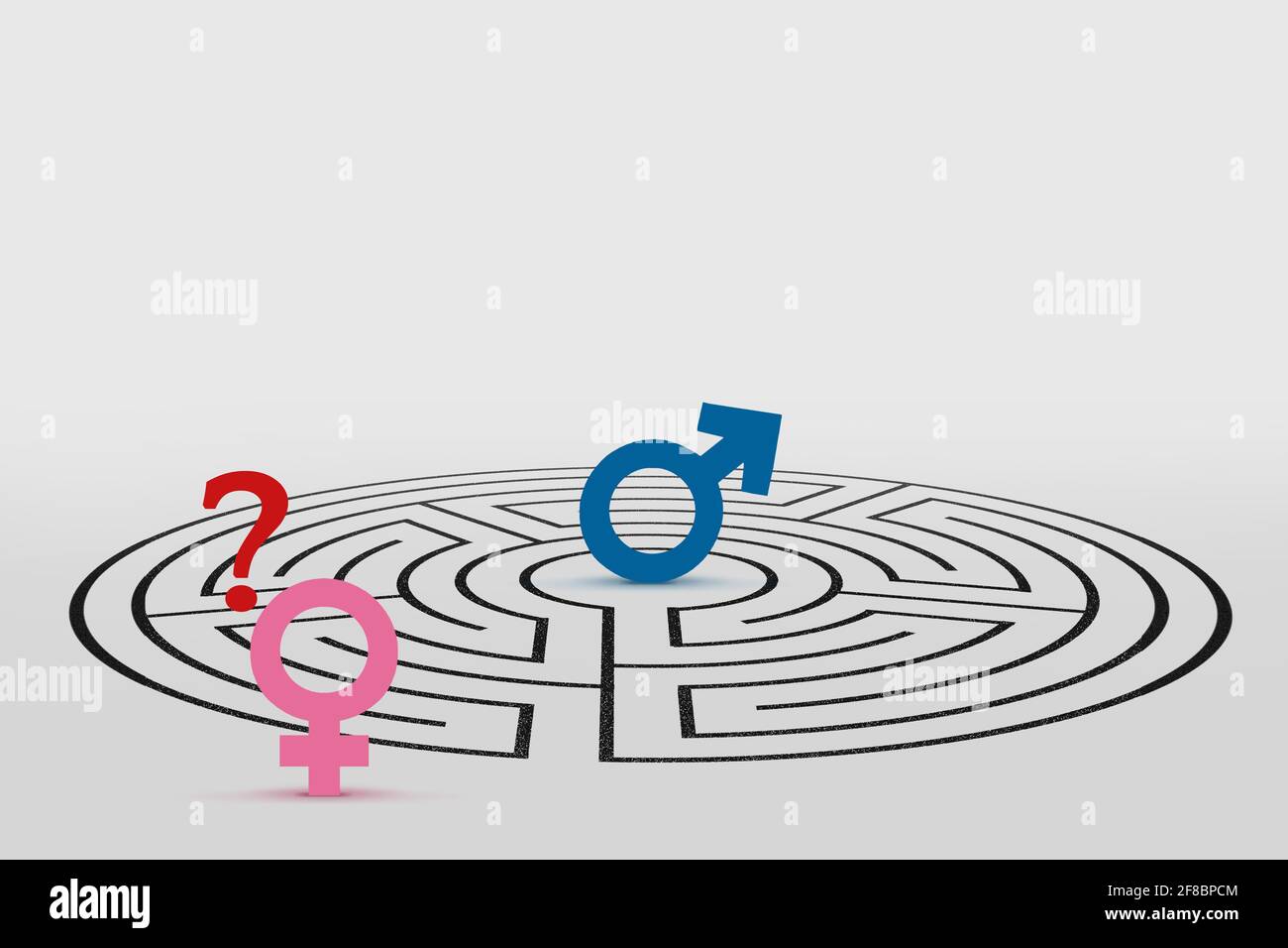Symbole mâle dans un labyrinthe et symbole femelle avec question Mark - concept de psychologie masculine et féminine Banque D'Images