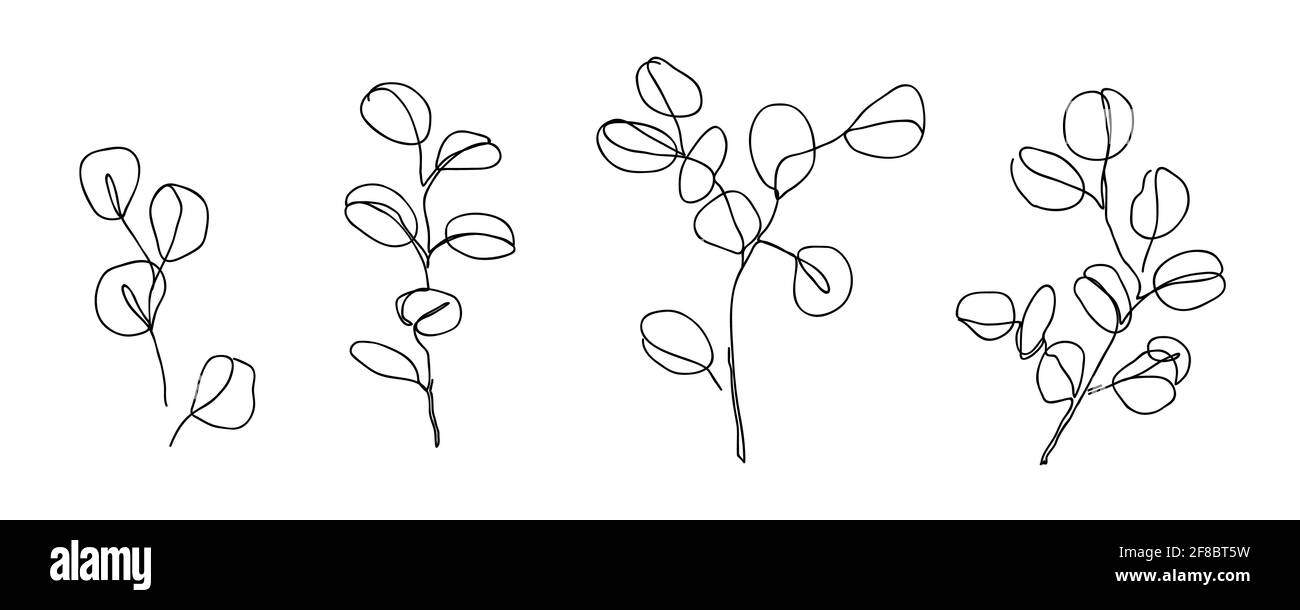 Ensemble de branches d'eucalyptus dans un style d'art moderne à une ligne. Dessin de ligne continue, contour esthétique pour la décoration d'intérieur, affiches, art mural, cartes Illustration de Vecteur
