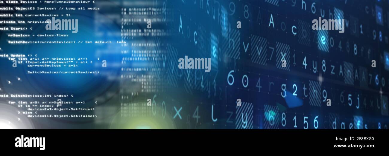 Traitement du code informatique sur fond bleu, technologie, programmation et concept de codage informatique Banque D'Images