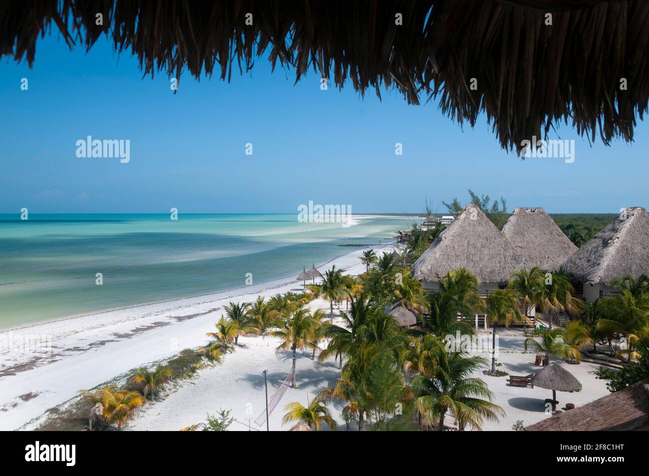 Vue panoramique sur une plage de l'île Holbox au Mexique, avec sable blanc, palmiers et cabanes en chaume. La destination parfaite Banque D'Images