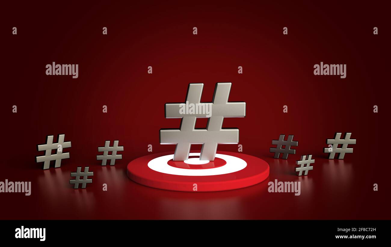 Groupe d'icônes de hashtag isolées sur fond rouge. Illustration 3D. Banque D'Images