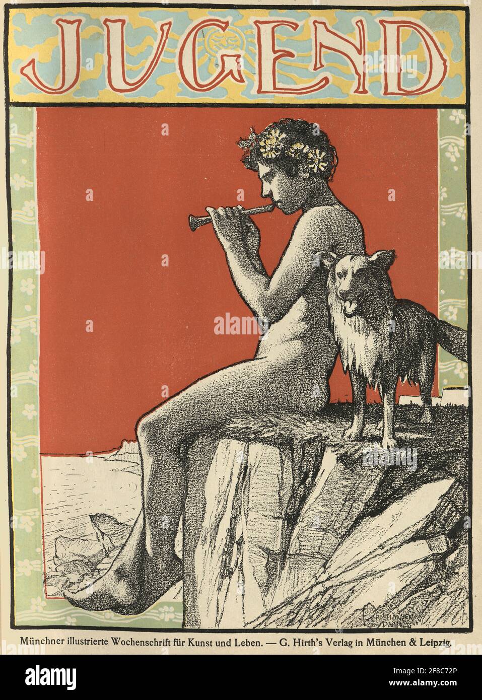 Couverture du magazine d'art allemand Jugend, 1896, petit garçon grec classique jouant la flûte, avec son chien Banque D'Images