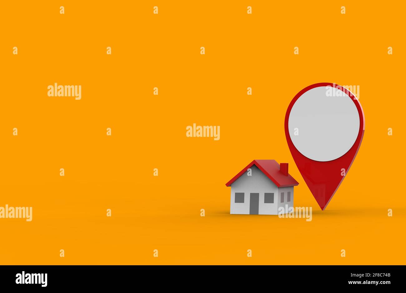 Icône d'emplacement et maison isolée sur fond orange. Illustration 3D. Banque D'Images
